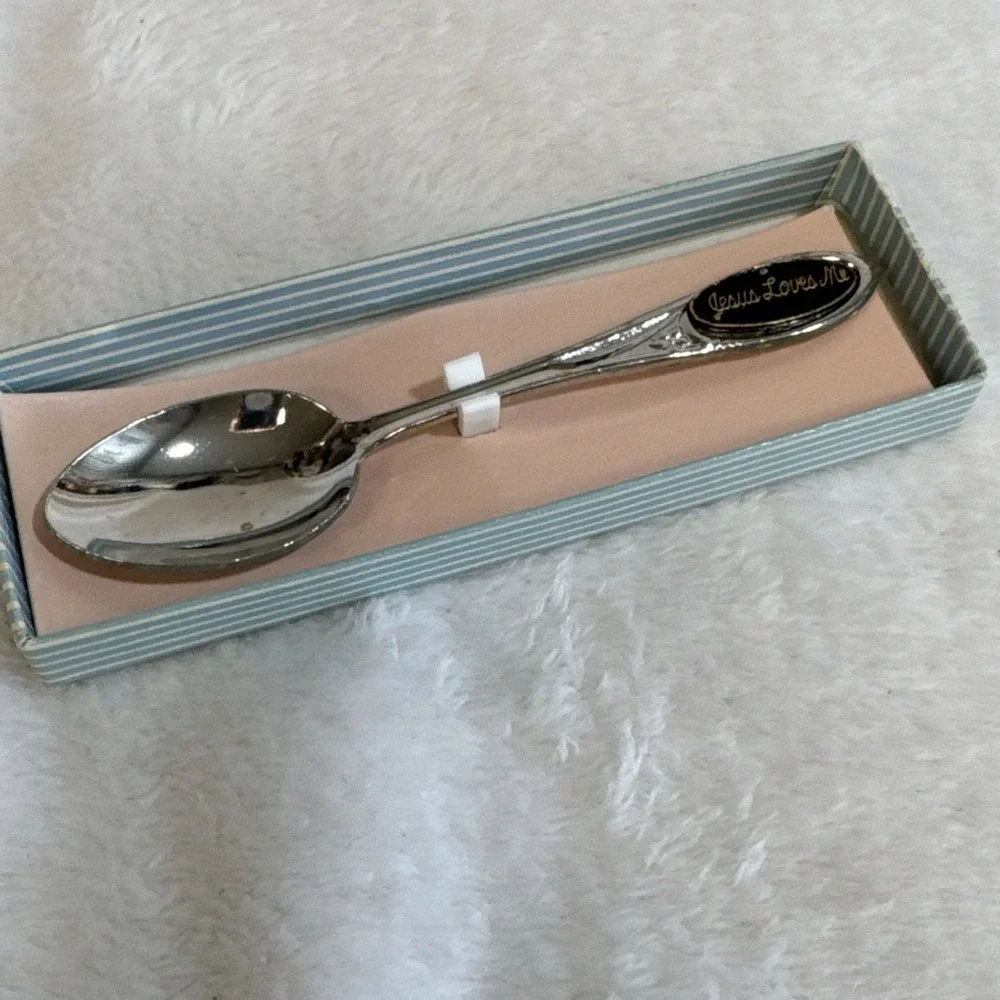 Vintage Silver Tone Jesus Loves Me Baby Spoon Keepsake with Box
